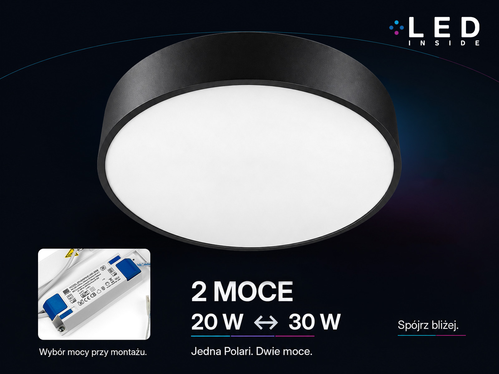 Czarna lampa Polari – dwie moce 20-30