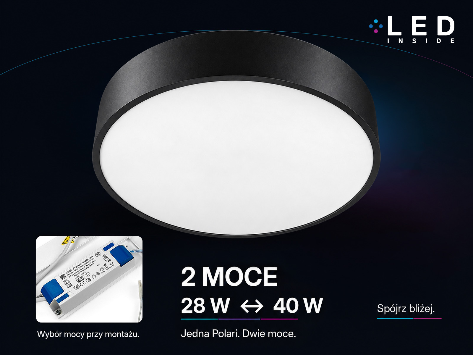 Czarna lampa Polari – dwie moce 28-40